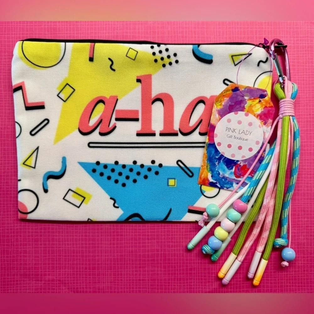 New A-ha Band Retro 80s Style Makeup Cosmetic Tech Pencil Bag w/ Keychain - 8.5”
